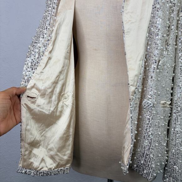 Mable Sequined Faux Pearl Beaded Champagne Blazer Lined Size S, shiny, party - Picture 5 of 9
